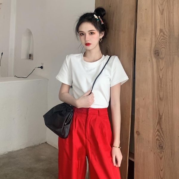 women's t-shirt basic style solid color slim fit round neck pullover short sleeve summer student undershirt top, White
women's t-shirt basic style solid color slim fit round neck pullover short sleeve summer student undershirt top, White