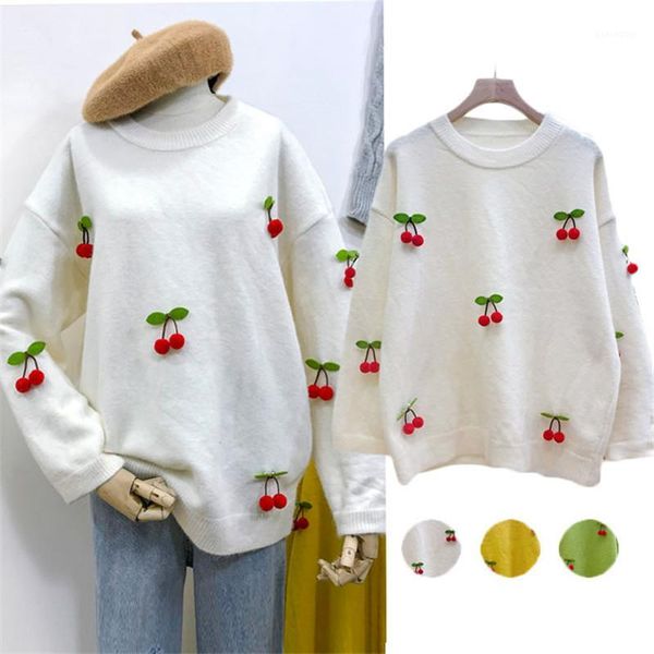 women's sweaters 2021 sweater women fall winter korean lazy loose ins cherry decorate pull femme nouveaute sweter pullover my-0421, White;black 
women's sweaters 2021 sweater women fall winter korean lazy loose ins cherry decorate pull femme nouveaute sweter pullover my-0421, White;black
