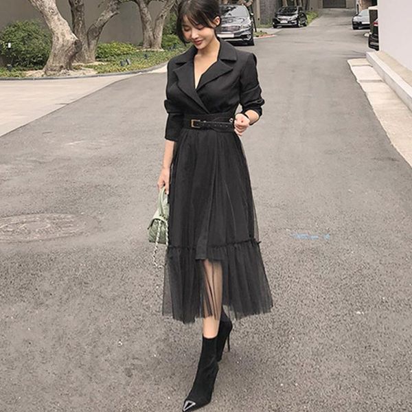 casual dresses korean dress eegant women 2021 winter notched neck mesh patchwork long vestidos belt, Black;gray
casual dresses korean dress eegant women 2021 winter notched neck mesh patchwork long vestidos belt, Black;gray