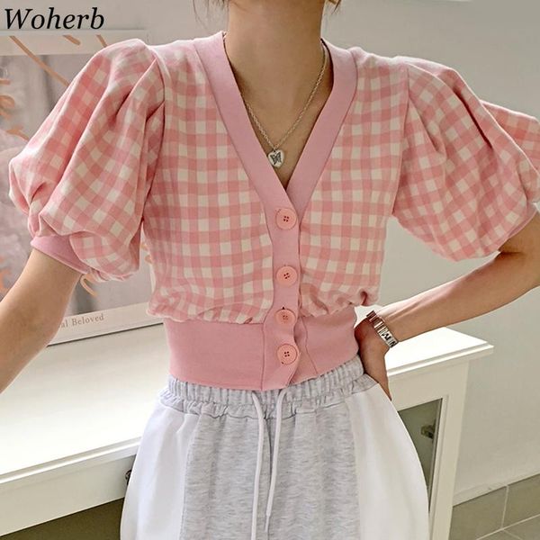 women's knits & tees woherb sweet korean knitted cardigan women 2021 summer single-breasted slim sweater v-neck contrast color plaid pu, White
women's knits & tees woherb sweet korean knitted cardigan women 2021 summer single-breasted slim sweater v-neck contrast color plaid pu, White