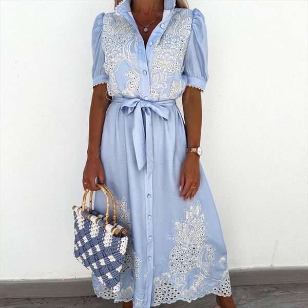 summer puff sleeve women dress hollow out shirt casual elegant patchwork embroidery lace long up belted party dresses, Black;gray
summer puff sleeve women dress hollow out shirt casual elegant patchwork embroidery lace long up belted party dresses, Black;gray