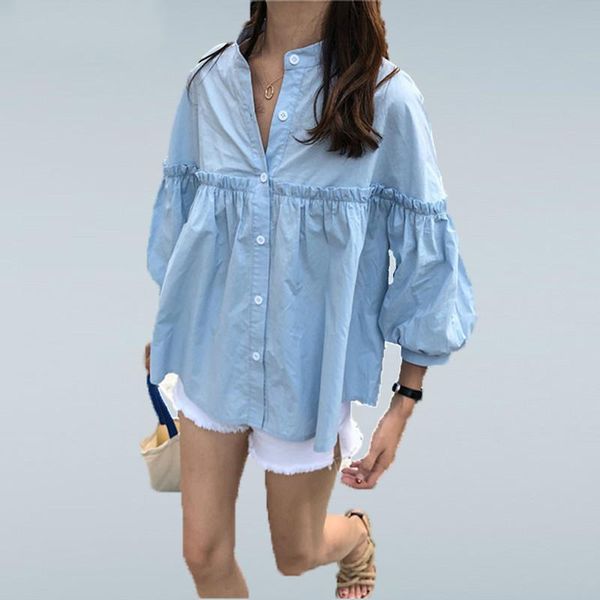 women's blouses & shirts womens solid light blue sweet shirt girls summer loose casual lantern sleeve single-breasted blouse blusas, White
women's blouses & shirts womens solid light blue sweet shirt girls summer loose casual lantern sleeve single-breasted blouse blusas, White