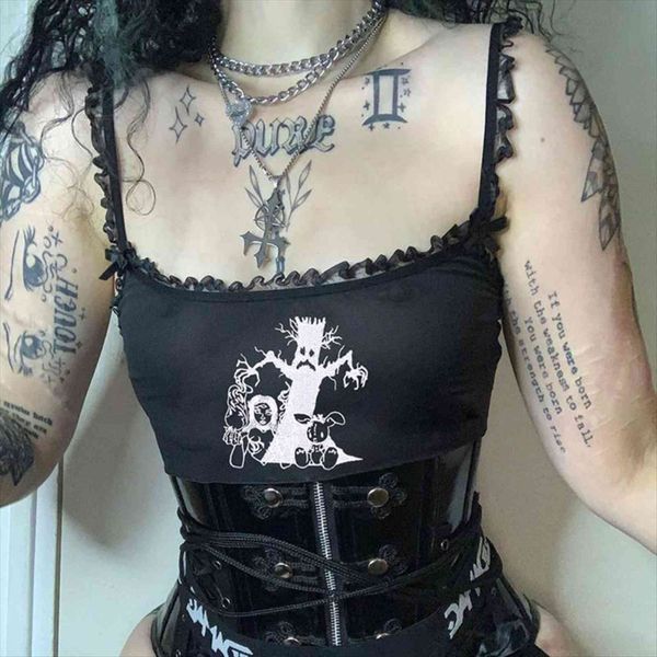gothic dark ruffle camisole womens tanks harajuku mall goth lace trim print crop tank retro y2k vests, White
gothic dark ruffle camisole womens tanks harajuku mall goth lace trim print crop tank retro y2k vests, White
