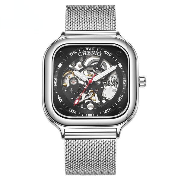 square creative fashion new automatic hollow watch men's genuine waterproof mechanical watch men (black silver steel belt 304l), Slivery;brown
square creative fashion new automatic hollow watch men's genuine waterproof mechanical watch men (black silver steel belt 304l), Slivery;brown