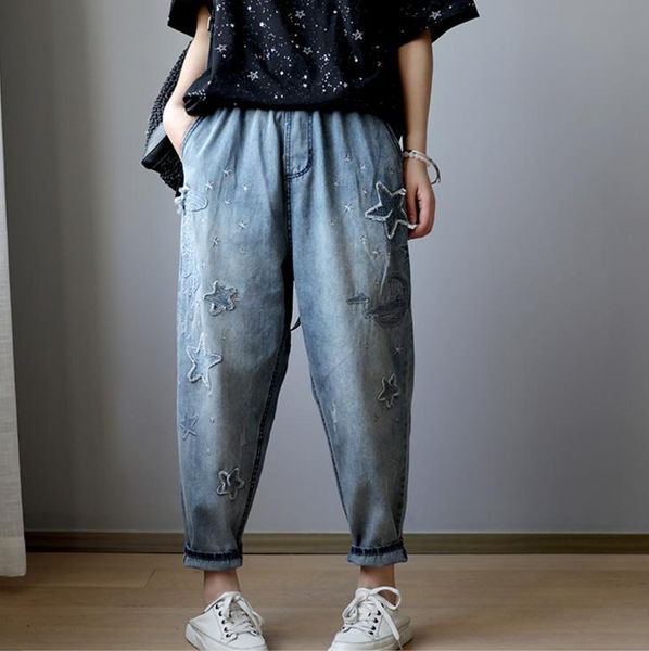 women's jeans spring women casual embroidery bleached washed patchwork elastic waist female wild ankle-length harem pants retro, Blue
women's jeans spring women casual embroidery bleached washed patchwork elastic waist female wild ankle-length harem pants retro, Blue