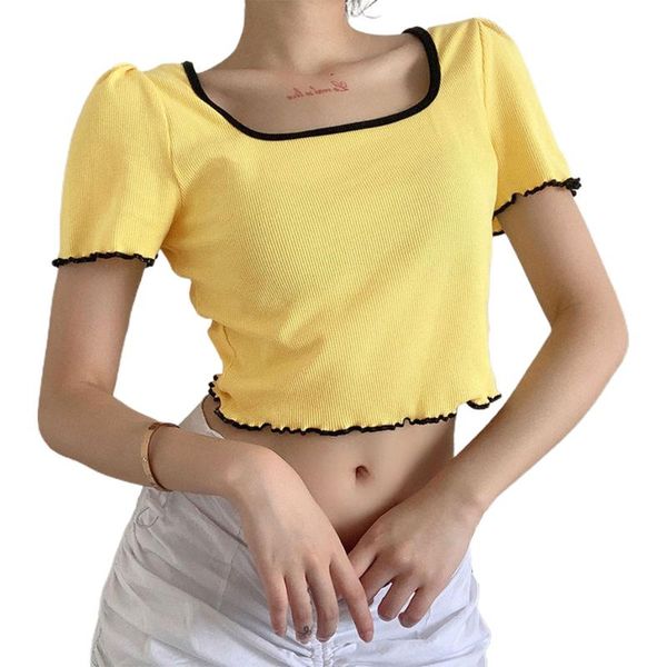 women's t-shirt short sleeve crop , scoop neck lettuce trim color block rib knit, White
women's t-shirt short sleeve crop , scoop neck lettuce trim color block rib knit, White