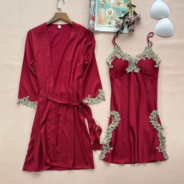 women's sleepwear kimono gown women robe satin 2 piece sleep set bride bridesmaid wedding lace nightwear with pads nightdress, Black;red
women's sleepwear kimono gown women robe satin 2 piece sleep set bride bridesmaid wedding lace nightwear with pads nightdress, Black;red