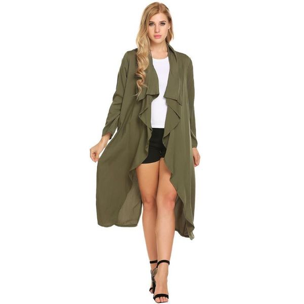 women's trench coats long sleeve open front draped casual cardigan height 175cm bust 90cm waist 60cm hip loose solid, Tan;black