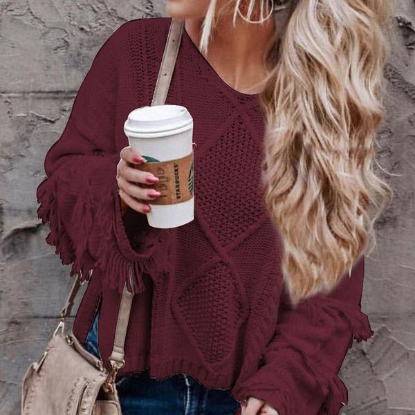 new 2021 elegant office lady sweater solid tassel long sleeve v neck loose knitted pullover women's oversized jumper winter lfe6, White;black