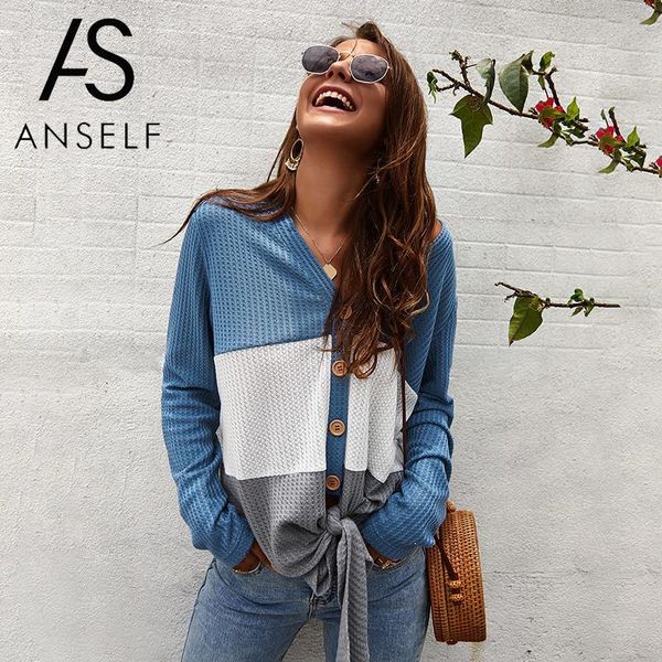 anself women blouse knitted shirt color block splicing v neckline buttons long sleeve tied bandage casual loose female tunic, White
anself women blouse knitted shirt color block splicing v neckline buttons long sleeve tied bandage casual loose female tunic, White