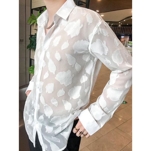 men's casual shirts 2021 korean fashion long sleeve lace leaf shirt transparent vestido social designer hollowed out flower men, White;black
men's casual shirts 2021 korean fashion long sleeve lace leaf shirt transparent vestido social designer hollowed out flower men, White;black