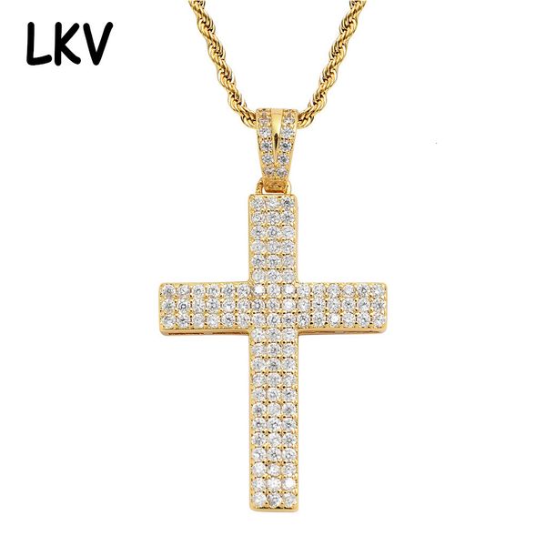 three row zircon cross pendant 18k gold plated individual christian necklace, Silver