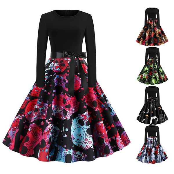 women's halloween fashion skull flower print round neck long sleeve big swing dress, Black;gray
women's halloween fashion skull flower print round neck long sleeve big swing dress, Black;gray