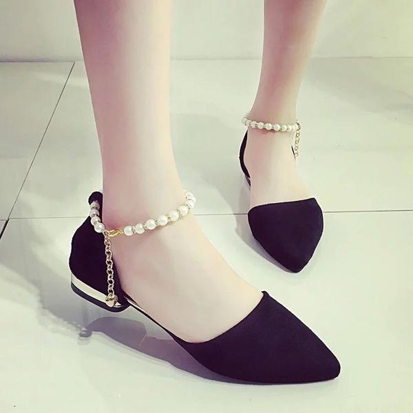 sandals summer flat with a buckle low heel women's shoes pointed pearl string bead flats, Black