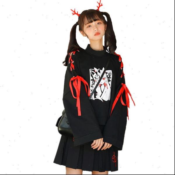 japanese cartoon fox girl print hoodie harajuku women gothic ribbon lace up flare sleeve kawaii plus velvet pullover sweatshirt, Black
japanese cartoon fox girl print hoodie harajuku women gothic ribbon lace up flare sleeve kawaii plus velvet pullover sweatshirt, Black