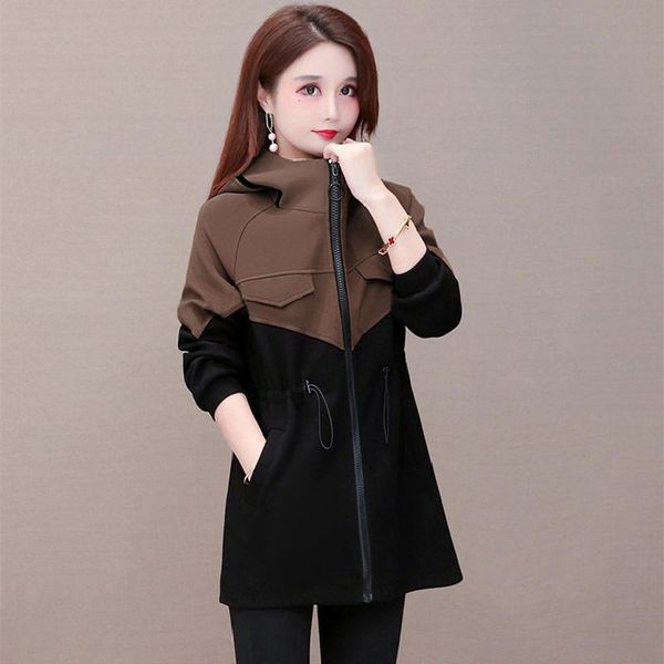 women's trench coats windbreaker 2021 slim spring autumn drawstring splice long sleeve pocket zipper women coat hooded warm fashion fem, Tan;black
women's trench coats windbreaker 2021 slim spring autumn drawstring splice long sleeve pocket zipper women coat hooded warm fashion fem, Tan;black