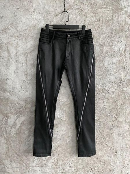 men's jeans men hi street long slant zipper black wax slim fit, Blue