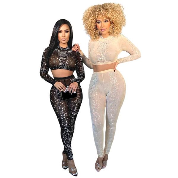 women's two piece pants kexu diamonds set mock neck long sleeve crop high waist pencil sheer mesh women club party suit, White
women's two piece pants kexu diamonds set mock neck long sleeve crop high waist pencil sheer mesh women club party suit, White