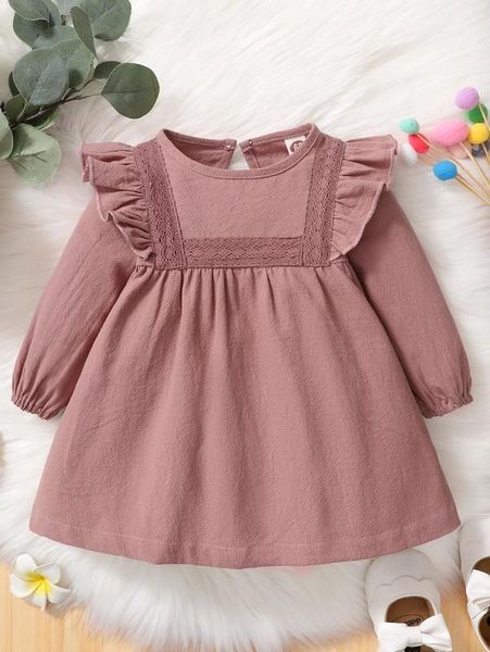 baby bishop sleeve ruffle trim lace detail dress she, Red;yellow