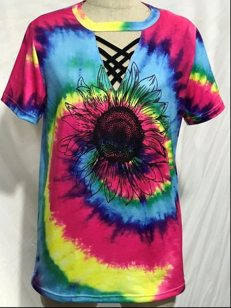 2021 latest women casual t shirt sunflower printed tie dye cross straps tee women fashion short sleeve casual loose tee, White
2021 latest women casual t shirt sunflower printed tie dye cross straps tee women fashion short sleeve casual loose tee, White