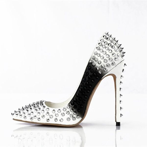 2021 women glitter spikes rivets thin high heels black white color patchwork stilettos pointed toe pumps
2021 women glitter spikes rivets thin high heels black white color patchwork stilettos pointed toe pumps