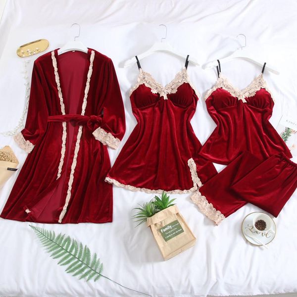 4-pieces women velvet pajamas set lace autumn winter 4 color lace sling nightdress winter robe pink sleepwear, Black;red
4-pieces women velvet pajamas set lace autumn winter 4 color lace sling nightdress winter robe pink sleepwear, Black;red