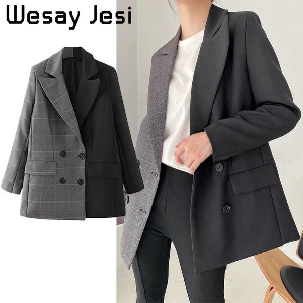 women's suits & blazers 2021 office ladies blazer stitching plaid double-breasted autumn jacket casual pocket female, White;black
women's suits & blazers 2021 office ladies blazer stitching plaid double-breasted autumn jacket casual pocket female, White;black