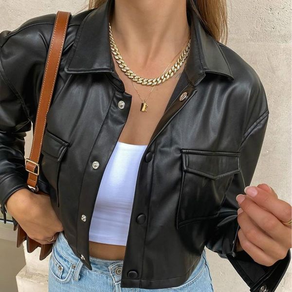 women's jackets 2021 black pu leather short women long sleeve lapel button jacket coat with pockets spring autumn outerwear female, Black;brown
women's jackets 2021 black pu leather short women long sleeve lapel button jacket coat with pockets spring autumn outerwear female, Black;brown