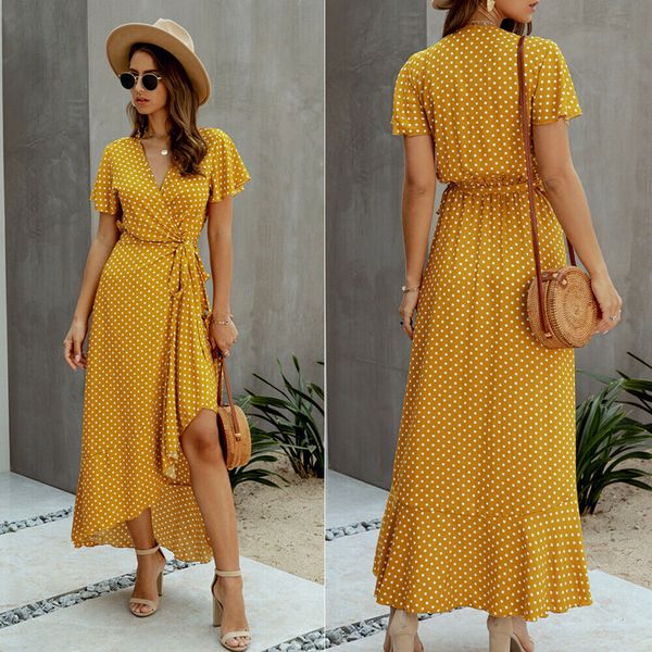 2021 new summer beach women boho long v-neck ruffles wrap casual split dots party es hhs8, Black;gray
2021 new summer beach women boho long v-neck ruffles wrap casual split dots party es hhs8, Black;gray