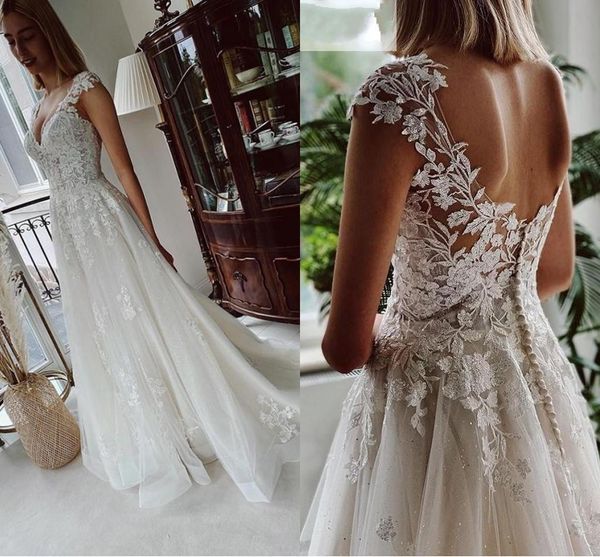 gorgeous lace applique wedding dresses deep v neck tulle sparkly sequins sweep train covered buttons beach wedding gown robe de mariée, White
gorgeous lace applique wedding dresses deep v neck tulle sparkly sequins sweep train covered buttons beach wedding gown robe de mariée, White