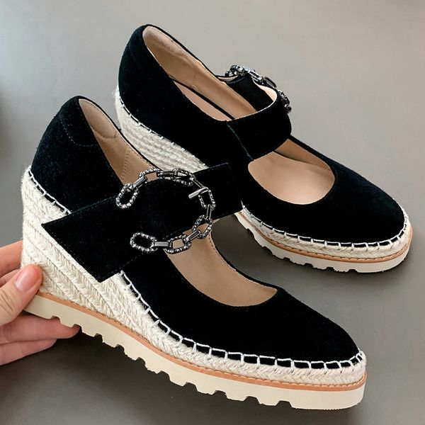 Womens natural suede leather wedge pumps metal buckle mary jane thick sole high heel round toe casual dress shoes for women hot, Black
Womens natural suede leather wedge pumps metal buckle mary jane thick sole high heel round toe casual dress shoes for women hot, Black