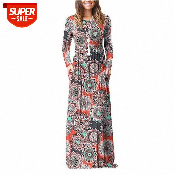 elements printed maxi dress women spring new o neck pocket plus size long dress flower boho vintage summer vestidos #ms22, Black;gray 
elements printed maxi dress women spring new o neck pocket plus size long dress flower boho vintage summer vestidos #ms22, Black;gray