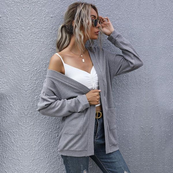 women's knits & tees thin knitted cardigan casual long sleeve solid color pocket coat 2021 autumn sweater qm*, White