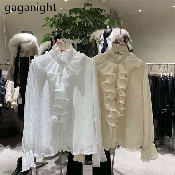 spring women chiffon blouse gauze puff sleeve stand neck ruffles shirt elegant lady casual blouses female blusas 210601, White 
spring women chiffon blouse gauze puff sleeve stand neck ruffles shirt elegant lady casual blouses female blusas 210601, White