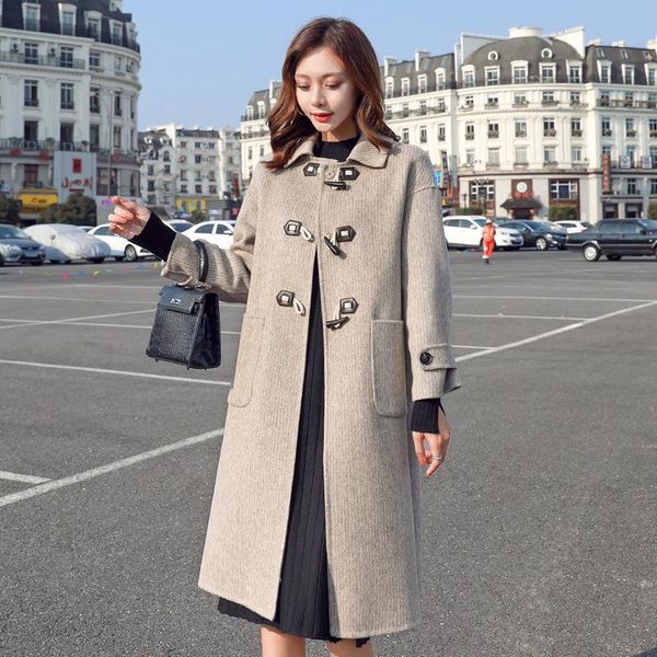 women's wool & blends autumn / winter 2021 pocket lapel long sleeve solid herringbone woolen coat loose ox horn button, Black
women's wool & blends autumn / winter 2021 pocket lapel long sleeve solid herringbone woolen coat loose ox horn button, Black