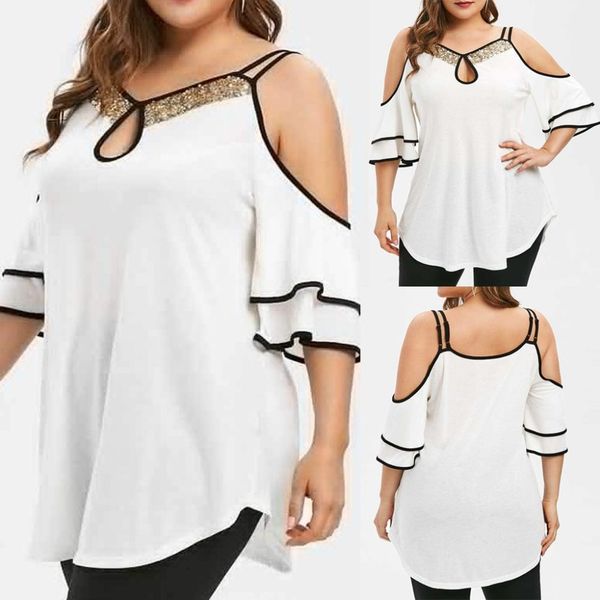 plus size women sequins neck cold shoulder ruffled sleeve irregular hem blouse irregular hem sequins neck cold shoulder, White
plus size women sequins neck cold shoulder ruffled sleeve irregular hem blouse irregular hem sequins neck cold shoulder, White