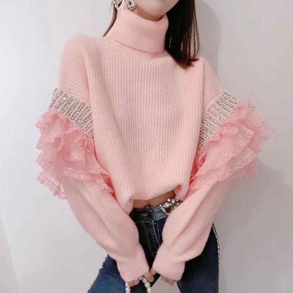 women's sweaters elegant 2021 winter sweet diamonds lace stitching thickened turtleneck sweater batwing sleeves ruffled for women, White;black
women's sweaters elegant 2021 winter sweet diamonds lace stitching thickened turtleneck sweater batwing sleeves ruffled for women, White;black