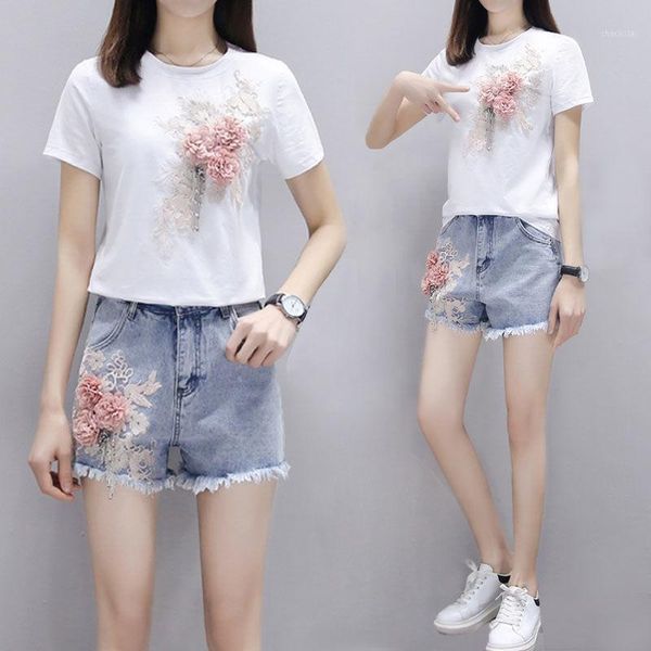 summer two piece set women heavy work embroidery 3d flower t-shirts + short jeans 2pcs sets casual shorts suit outfits w413 women's tra, Gray
summer two piece set women heavy work embroidery 3d flower t-shirts + short jeans 2pcs sets casual shorts suit outfits w413 women's tra, Gray