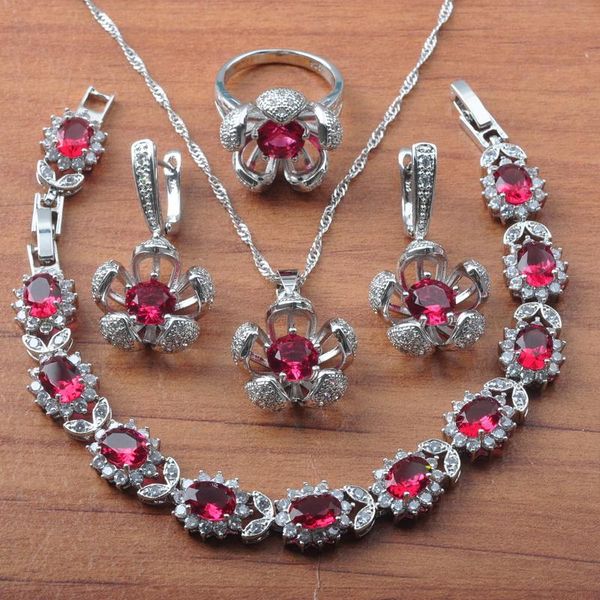 earrings & necklace wedding jewelry sets for women bridal rose red zirconia rings bracelet set party gift js0615, Silver
earrings & necklace wedding jewelry sets for women bridal rose red zirconia rings bracelet set party gift js0615, Silver
