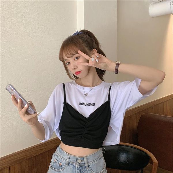 women's t-shirt 2021 kpop vogue chic navel letter printing false retro two-piece casual short kawaii hipster crop for women, White
women's t-shirt 2021 kpop vogue chic navel letter printing false retro two-piece casual short kawaii hipster crop for women, White