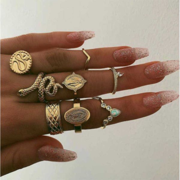 ring docona bohemia snake coin profile for women gypsy geometric carving knuckle midi s set jewelry anillos 8pcs/set 8852, Golden;silver