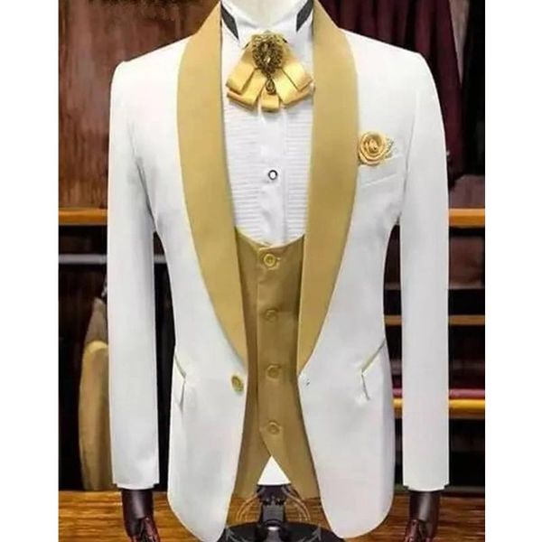 men's suits & blazers white wedding tuxedo for groom with gold shawl lapel 3 piece custom slim fit men set jacket vest pant male fashio, White;black
men's suits & blazers white wedding tuxedo for groom with gold shawl lapel 3 piece custom slim fit men set jacket vest pant male fashio, White;black