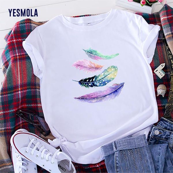 women's t-shirt yesmola color feather print summer women plus size woman short sleeve casual loose female cotton tees, White
women's t-shirt yesmola color feather print summer women plus size woman short sleeve casual loose female cotton tees, White
