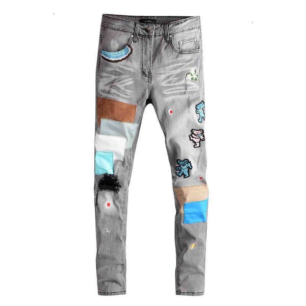 high street fashion brand 651 am embroidery hole patch jeans, Blue