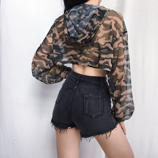 women hooded collar drawstring mesh long sleeve crop 2021 summer goth female camouflage loose short t-shirt, White
women hooded collar drawstring mesh long sleeve crop 2021 summer goth female camouflage loose short t-shirt, White