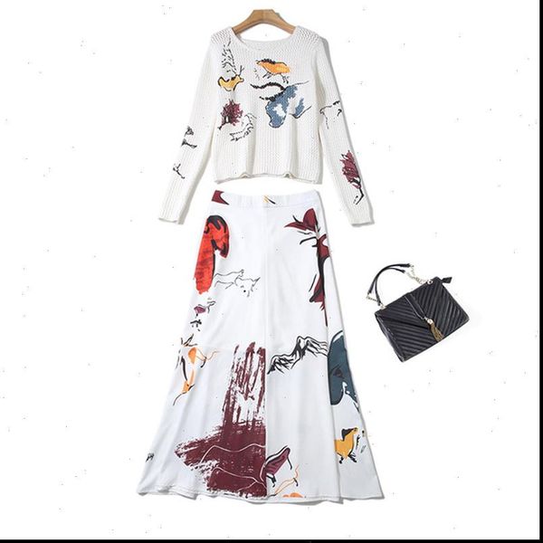 new fashion runway autumn women party office vintage elegant hollow out long sleeve sweater and printing skirt set, Gray
new fashion runway autumn women party office vintage elegant hollow out long sleeve sweater and printing skirt set, Gray