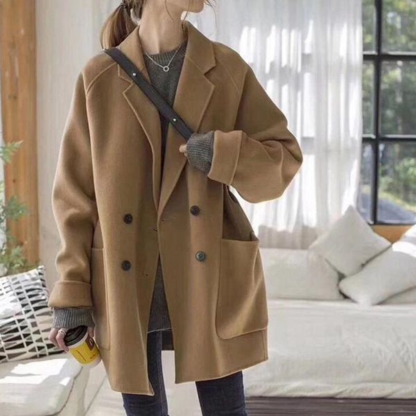 women's wool & blends women woolen suit jacket fashion notched collar double breasted straight overcoat solid color korean faced cashme, Black
women's wool & blends women woolen suit jacket fashion notched collar double breasted straight overcoat solid color korean faced cashme, Black