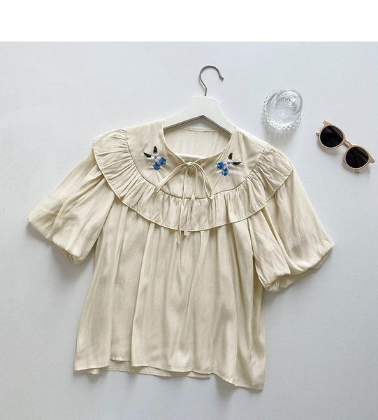 women's blouses & shirts summer style korean temperament embroidered straps ruffled round neck shirt women, White
women's blouses & shirts summer style korean temperament embroidered straps ruffled round neck shirt women, White