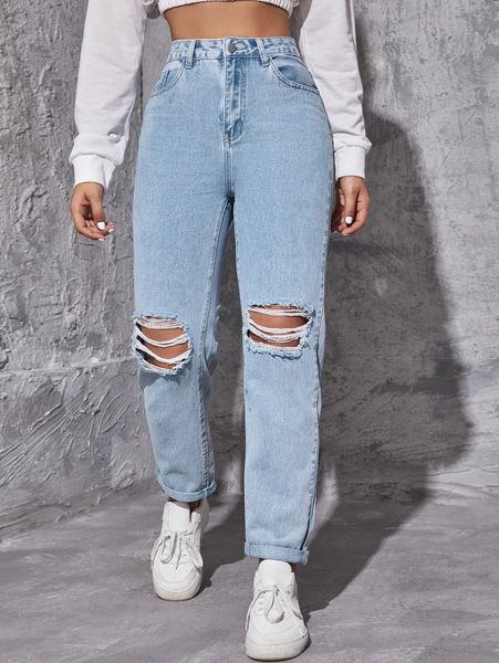 high waist ripped straight leg jeans r95u#, Blue
high waist ripped straight leg jeans r95u#, Blue