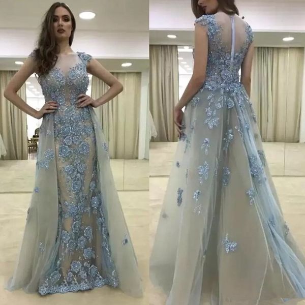 lace capped sleeve mermaid prom dress detachable removable skirt floral beads long evening gowns, Black
lace capped sleeve mermaid prom dress detachable removable skirt floral beads long evening gowns, Black